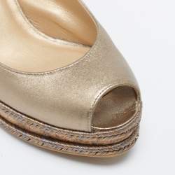 Stuart Weitzman Metallic Gold Leather Jean Peep Toe Cork Wedge Slingback Sandals Size 36.5