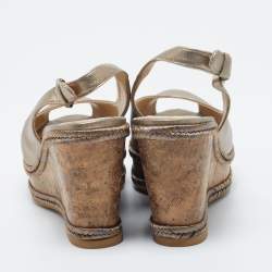 Stuart Weitzman Metallic Gold Leather Jean Peep Toe Cork Wedge Slingback Sandals Size 36.5