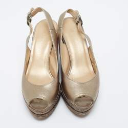 Stuart Weitzman Metallic Gold Leather Jean Peep Toe Cork Wedge Slingback Sandals Size 36.5