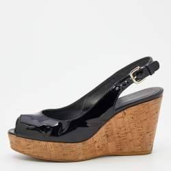 Stuart Weitzman Black Patent Leather Jean Peep Toe Cork Platform Wedge Slingback Sandals Size 36