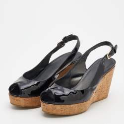 Stuart Weitzman Black Patent Leather Jean Peep Toe Cork Platform Wedge Slingback Sandals Size 36