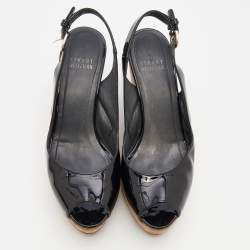 Stuart Weitzman Black Patent Leather Jean Peep Toe Cork Platform Wedge Slingback Sandals Size 36
