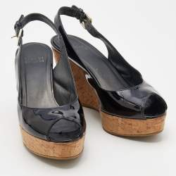 Stuart Weitzman Black Patent Leather Jean Peep Toe Cork Platform Wedge Slingback Sandals Size 36