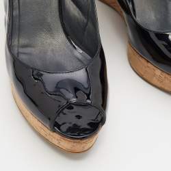 Stuart Weitzman Black Patent Leather Jean Peep Toe Cork Platform Wedge Slingback Sandals Size 36