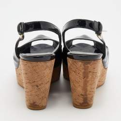 Stuart Weitzman Black Patent Leather Jean Peep Toe Cork Platform Wedge Slingback Sandals Size 36