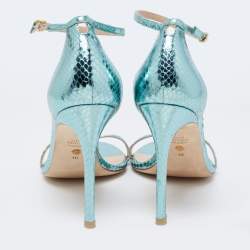 Stuart Weitzman Metallic Green Python Embossed Leather Ankle Strap Open Toe Sandals Size 41 