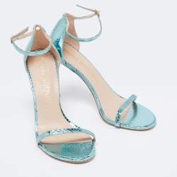 Stuart Weitzman Metallic Green Python Embossed Leather Ankle Strap Open Toe Sandals Size 41 