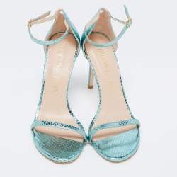 Stuart Weitzman Metallic Green Python Embossed Leather Ankle Strap Open Toe Sandals Size 41 
