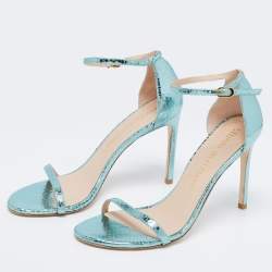 Stuart Weitzman Metallic Green Python Embossed Leather Ankle Strap Open Toe Sandals Size 41 