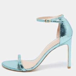 Stuart Weitzman Metallic Green Python Embossed Leather Ankle Strap Open Toe Sandals Size 41 
