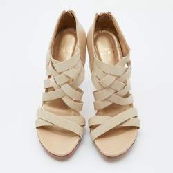 Stuart Weitzman Cream Leather and Elastic Fabric Cross Strap Sandals Size 38.5