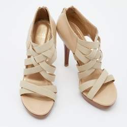 Stuart Weitzman Cream Leather and Elastic Fabric Cross Strap Sandals Size 38.5
