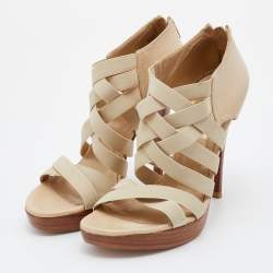 Stuart Weitzman Cream Leather and Elastic Fabric Cross Strap Sandals Size 38.5