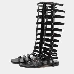 Stuart Weitzman Black Leather Flat Gladiator Sandals Size 38