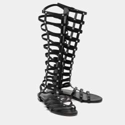 Stuart Weitzman Black Leather Flat Gladiator Sandals Size 38