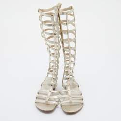 Stuart Weitzman Metallic Gold Leather And Elastic Gladiator Flat Sandals Size 37