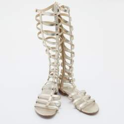 Stuart Weitzman Metallic Gold Leather And Elastic Gladiator Flat Sandals Size 37