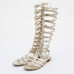 Stuart Weitzman Metallic Gold Leather And Elastic Gladiator Flat Sandals Size 37