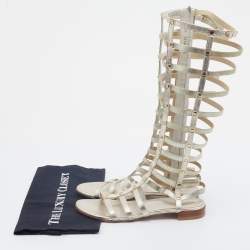 Stuart Weitzman Metallic Gold Leather And Elastic Gladiator Flat Sandals Size 37