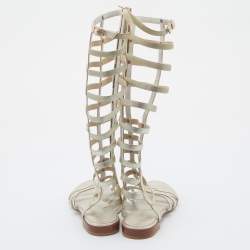 Stuart Weitzman Metallic Gold Leather And Elastic Gladiator Flat Sandals Size 37
