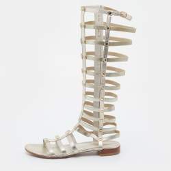 Stuart Weitzman Metallic Gold Leather And Elastic Gladiator Flat Sandals Size 37
