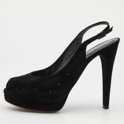 Stuart Weitzman Black Suede Crystal Embellished Platform Slingback Sandals Size 39.5