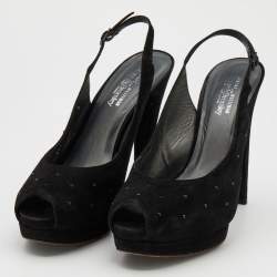 Stuart Weitzman Black Suede Crystal Embellished Platform Slingback Sandals Size 39.5