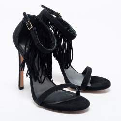 Pre Owned Stuart Weitzman Black Suede Love Fringe Ankle Strap Sandals Size 38