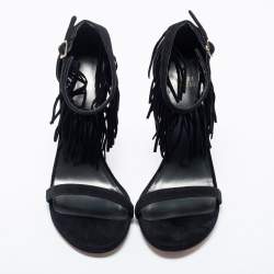 Pre Owned Stuart Weitzman Black Suede Love Fringe Ankle Strap Sandals Size 38