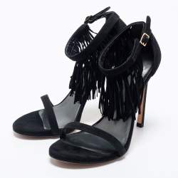 Pre Owned Stuart Weitzman Black Suede Love Fringe Ankle Strap Sandals Size 38
