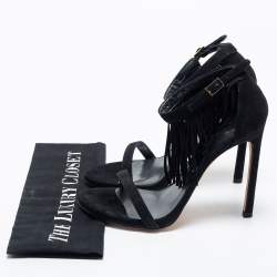 Pre Owned Stuart Weitzman Black Suede Love Fringe Ankle Strap Sandals Size 38