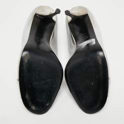 Pre Owned Stuart Weitzman Silver Leather Peep Toe Pumps Size 37.5