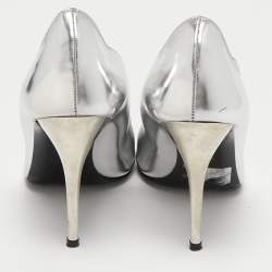 Pre Owned Stuart Weitzman Silver Leather Peep Toe Pumps Size 37.5