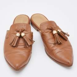 Stuart Weitzman Brown Leather Tassel Pointed Toe Flat Mules Size 40