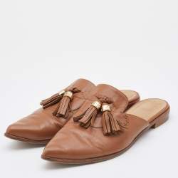 Stuart Weitzman Brown Leather Tassel Pointed Toe Flat Mules Size 40