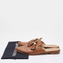 Stuart Weitzman Brown Leather Tassel Pointed Toe Flat Mules Size 40