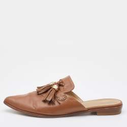 Stuart Weitzman Brown Leather Tassel Pointed Toe Flat Mules Size 40