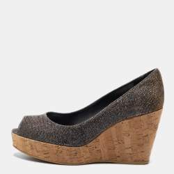 Stuart Weitzman Grey Lurex Fabric Anna Cork Wedge Platform Peep Toe Pumps Size 37