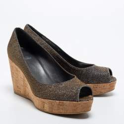 Stuart Weitzman Grey Lurex Fabric Anna Cork Wedge Platform Peep Toe Pumps Size 37