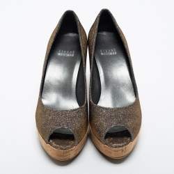 Stuart Weitzman Grey Lurex Fabric Anna Cork Wedge Platform Peep Toe Pumps Size 37