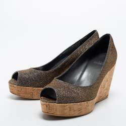 Stuart Weitzman Grey Lurex Fabric Anna Cork Wedge Platform Peep Toe Pumps Size 37