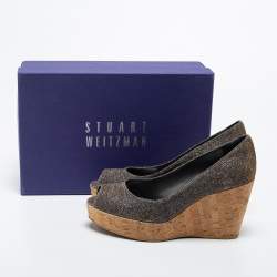 Stuart Weitzman Grey Lurex Fabric Anna Cork Wedge Platform Peep Toe Pumps Size 37