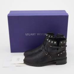 Stuart Weitzman Black Leather Go West Studded Ankle Length Boots Size 38.5