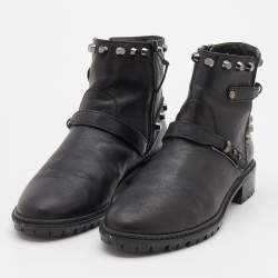 Stuart Weitzman Black Leather Go West Studded Ankle Length Boots Size 38.5