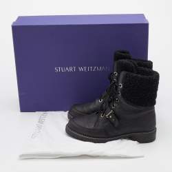 Pre Owned Stuart Weitzman Black Leather and Fur Ankle Length Boots Size 38