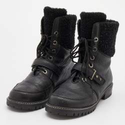 Pre Owned Stuart Weitzman Black Leather and Fur Ankle Length Boots Size 38