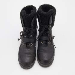 Pre Owned Stuart Weitzman Black Leather and Fur Ankle Length Boots Size 38