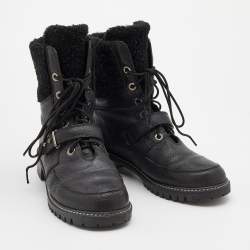 Pre Owned Stuart Weitzman Black Leather and Fur Ankle Length Boots Size 38