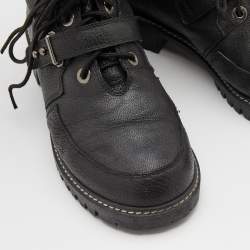 Pre Owned Stuart Weitzman Black Leather and Fur Ankle Length Boots Size 38