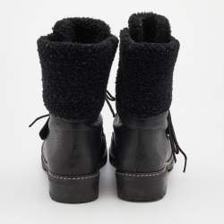 Pre Owned Stuart Weitzman Black Leather and Fur Ankle Length Boots Size 38